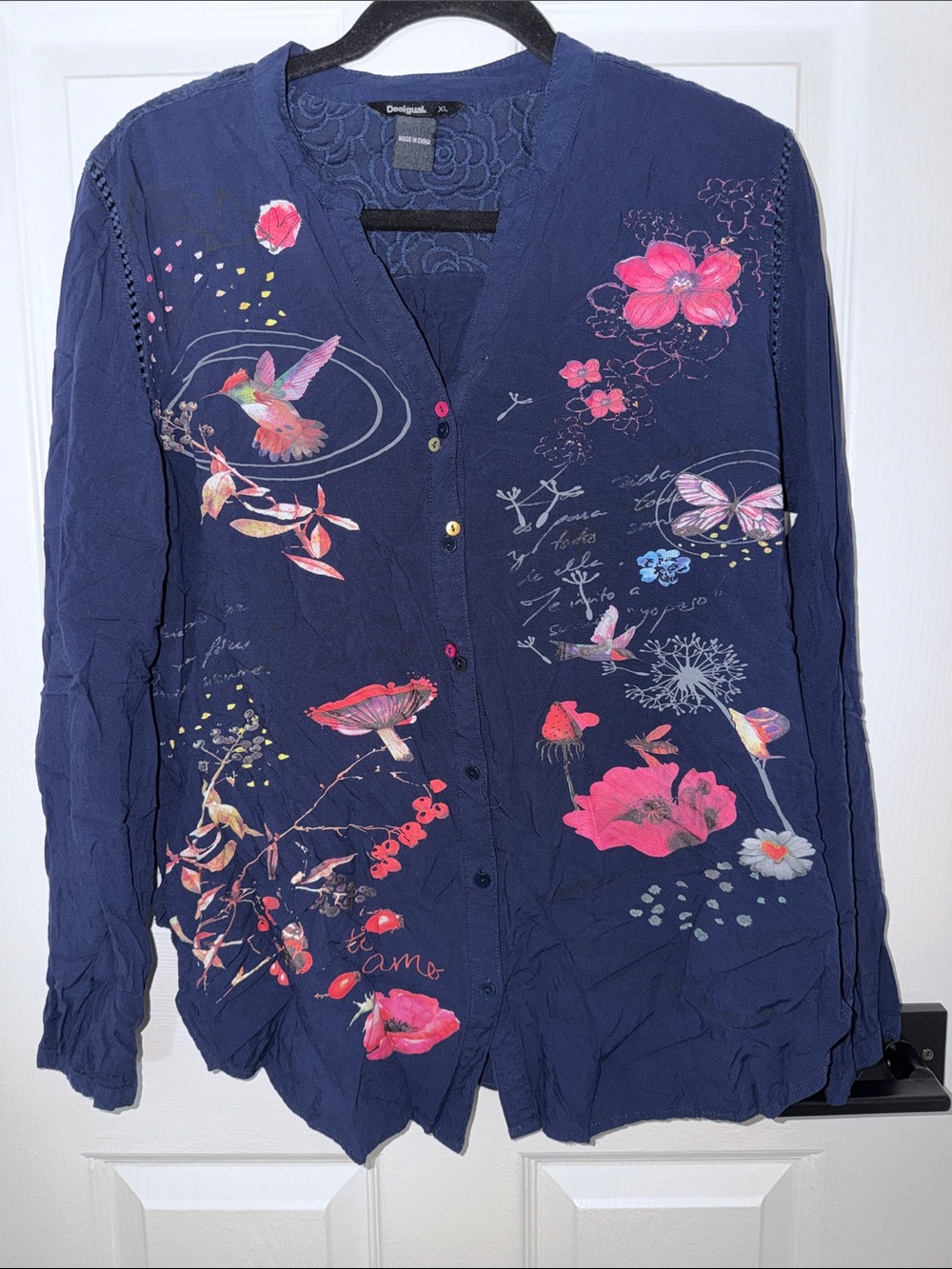 Desigual Navy Button-Front Floral & Nature Print Blouse